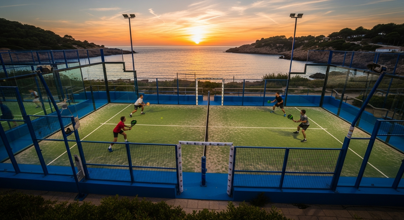 Coastal padel court at sunset