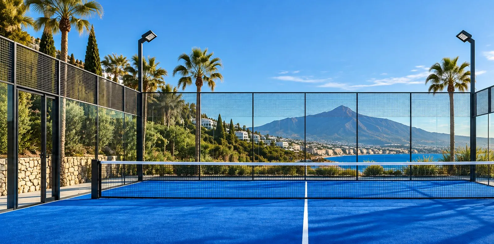 Player on an outdoor blue padel court, padel camps in Spain